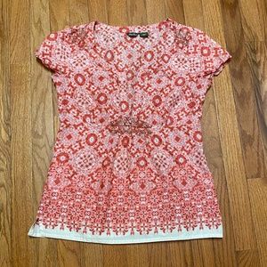 Eddie Bauer Women’s Short Sleeve Blouse Red/Pink AbstractPrint sz Small